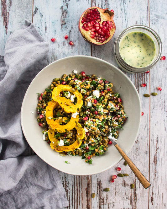 Autumn salad with lentils and delicata squash