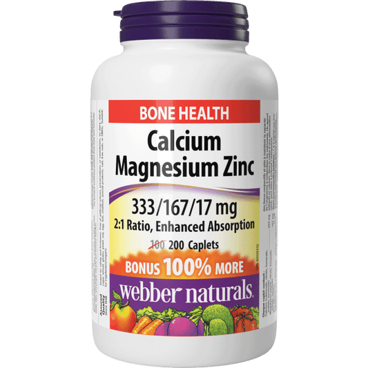 Calcium Magnesium Zinc 2:1 Ratio Enhanced Absorption  333/167/17 mg  200 Caplets, image-hi-res