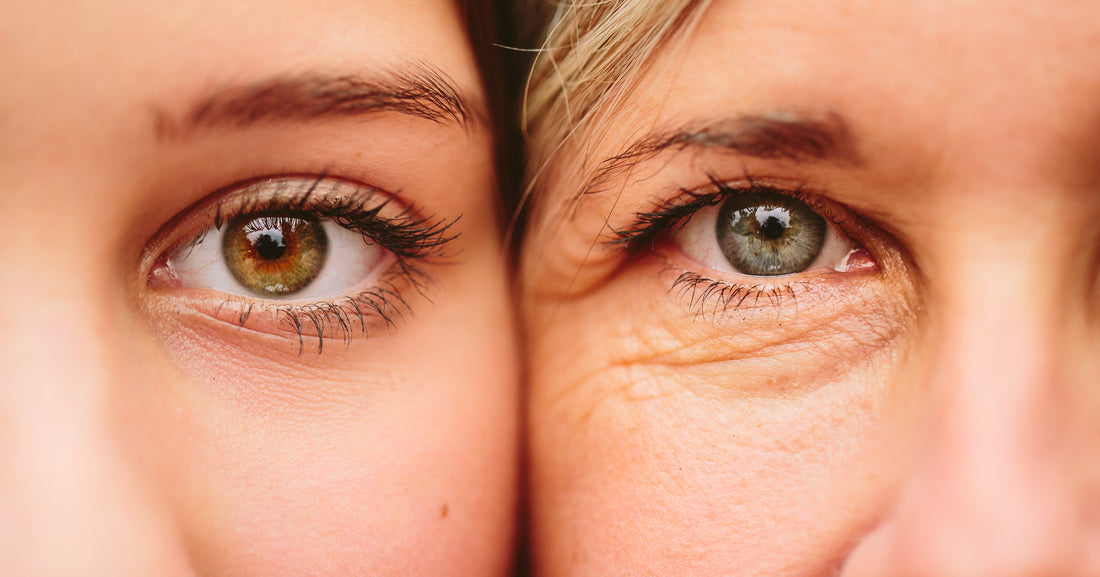 Close-up of the eyes of a mother and daughter’s faces next to one another 