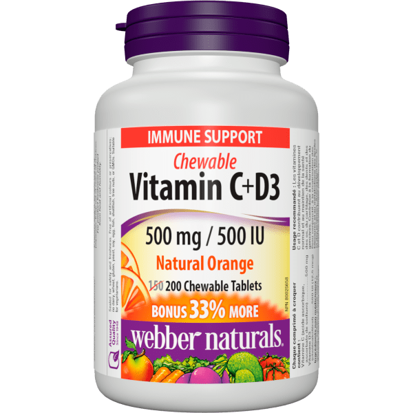 Vitamin C+D3  500 mg / 500 IU  200 Chewable Tablets Natural Orange, image-hi-res