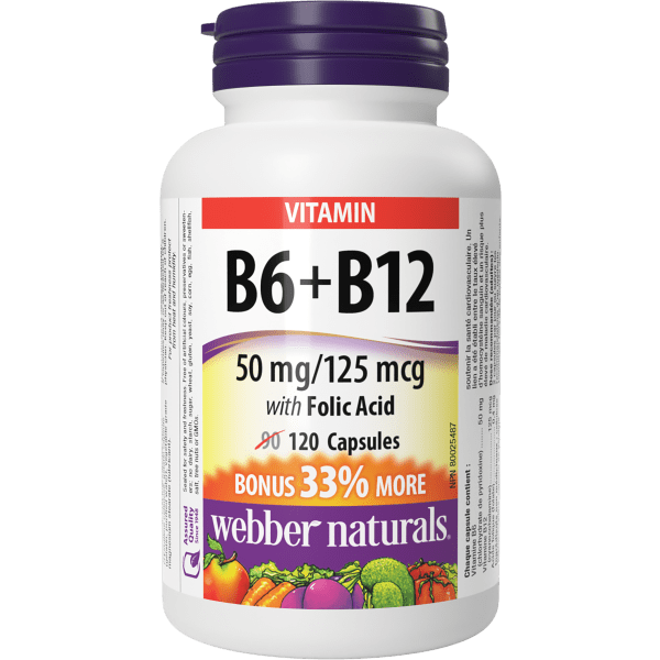 Vitamin B6+B12 with Folic Acid  50 mg / 125 mcg  120 Capsules, image-hi-res