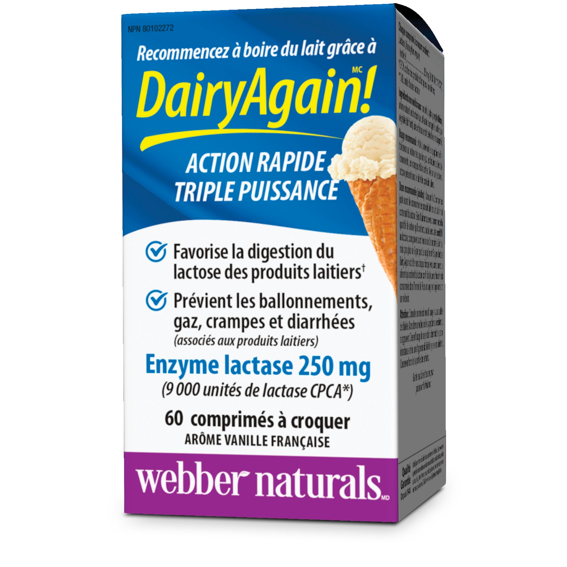 Dairy Again!(MC) Enzyme lactase 250 mg arôme vanille française for Webber Naturals|v|hi-res|WN3696