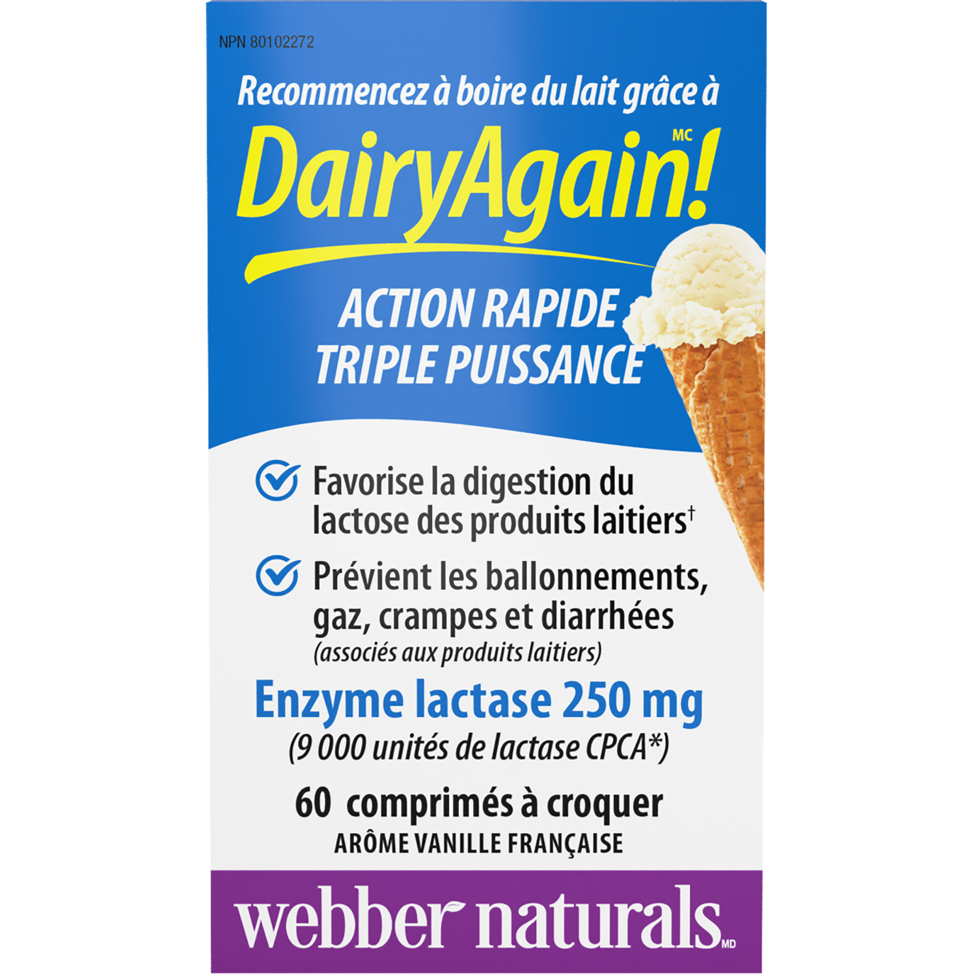 Dairy Again!(MC) Enzyme lactase 250 mg arôme vanille française for Webber Naturals|v|hi-res|WN3696