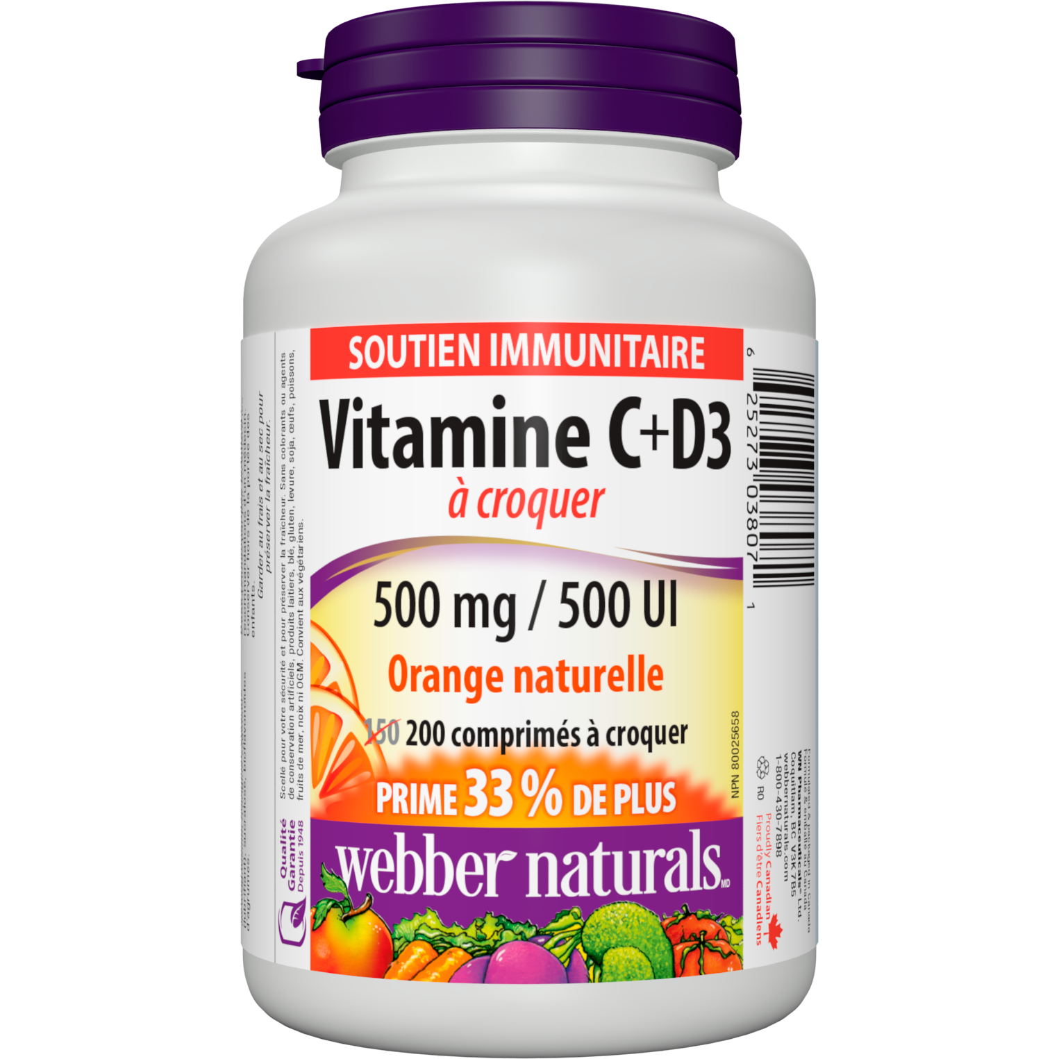 Vitamine C+D3 500 mg / 500 UI Orange naturelle for Webber Naturals|v|hi-res|WN3807