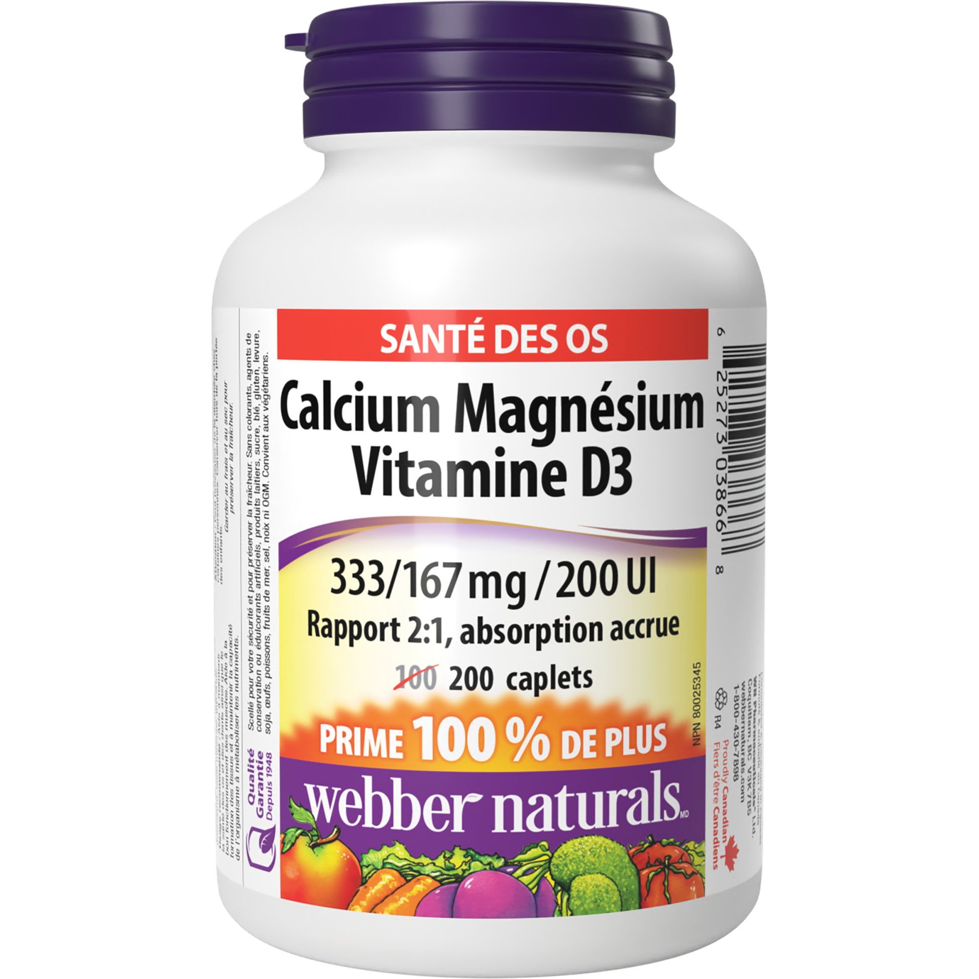 Calcium Magnésium Vitamine D3 Rapport 2:1, absorption accrue 333/167 mg / 200 UI for Webber Naturals|v|hi-res|WN3866
